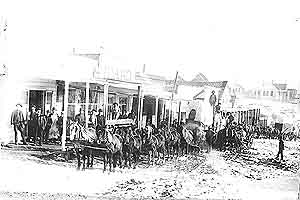 Horse-drawn wagons hauled freight to the outlying mines from the railhread at Elko Horse-drawn wagons hauled freight to the outlying mines from the railhread at Elko