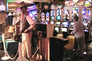 The slot machines, where the fictional Jack McEvoy struck it rich. And the serial killer who tracked him to the hotel bears a striking resemblance to the life-sized carving on the left. photo by Max Winthrop