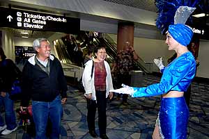 Hawaiian Airlines has inaugurated a new daytime flight to Las Vegas (sometimes called the Ninth Hawaiian Island), prompting our local tourism folks to dispatch a clutch of Elvises to bid the first passengers aloha as they left, and a bevy of showgirls to greet them as they landed. Photo courtesy Las Vegas News Bureau/Bob Brye