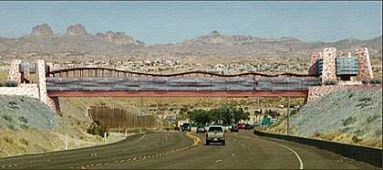 The pedestrian bridge over the highway into Laughlin from US 95 connects the familiar The pedestrian bridge over the highway into Laughlin from US 95 connects the familiar