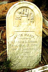 Gravestone of Alice Robinson, age 15, died 1869 in Pine Grove. Photo courtesy Stan Paher